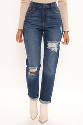 Hometown Cutie Destroyed Mom Jeans - Dark Wash Ins Street